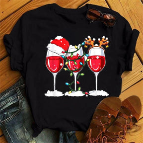 Christmas Wine Glasses Men And Women Couple Red T-shirt