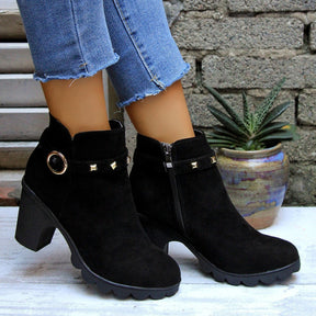 High Heel Women's Chunky Heel Round Toe Side Zipper Ankle Boots