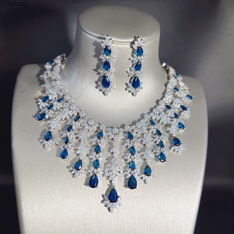 Blue Full Rhinestone Zircon Tassel Necklace Earring Bracelet Four-piece Set