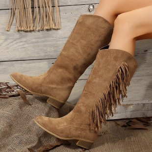 Plus Size Suede Long Tube Tassel Boots Low Heel