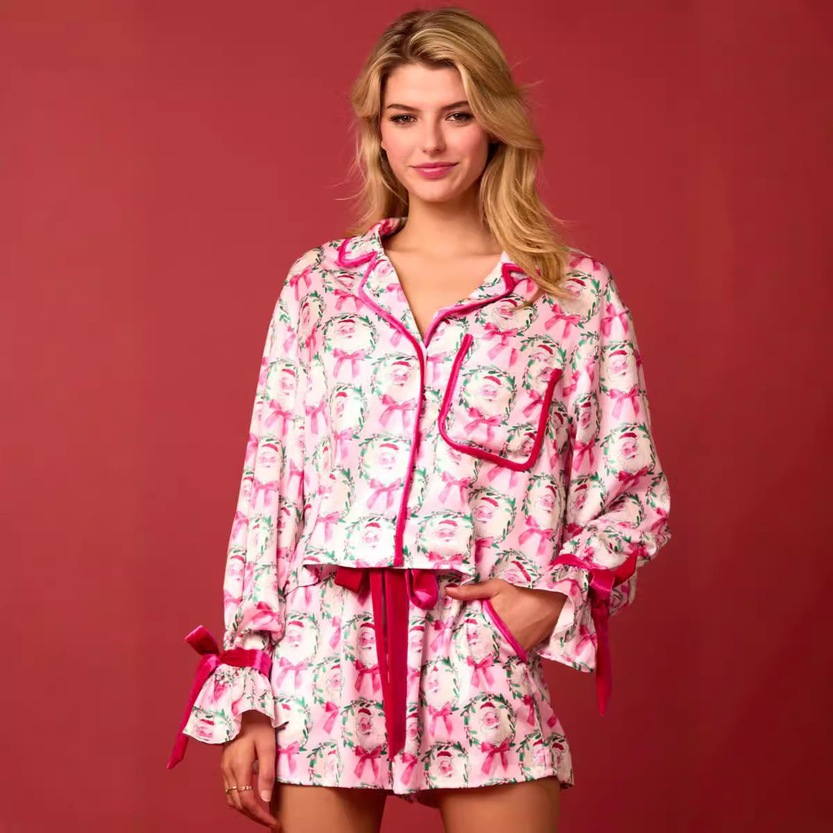 2 Pcs Women's Christmas Pajama Set Santa Tree Print Lapel Neck Button-up Long Sleeve Tops Shorts Loungewear Outfit