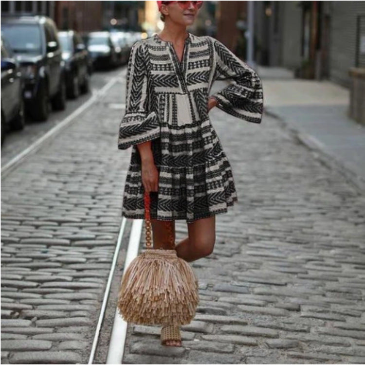 Women's V-neck Printed Geometric Striped Skirt