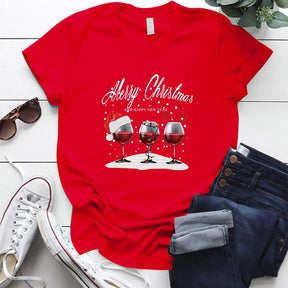 Christmas Three Wine Glasses Print Short Sleeve