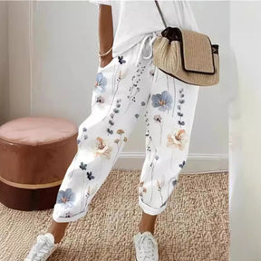 Spring New Women's Casual Printed Elastic Waist With Pockets Cropped Straight Pants