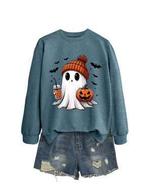 Fashion Long Sleeve Milk Tea Pumpkin Bat Printed Crew Neck Sweatshirt