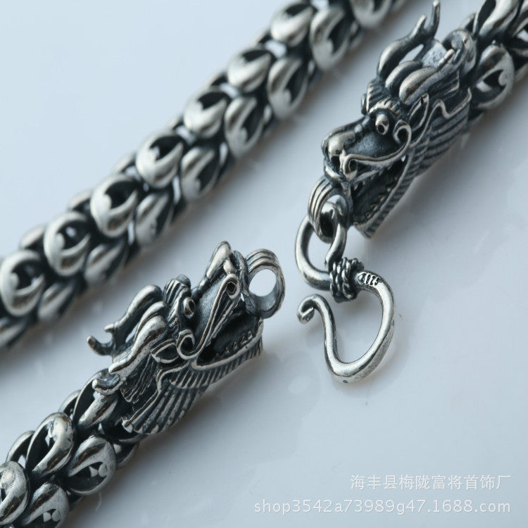 Double Chinese Dragon Heads Dragon Scale Necklace S925 Silver Vintage