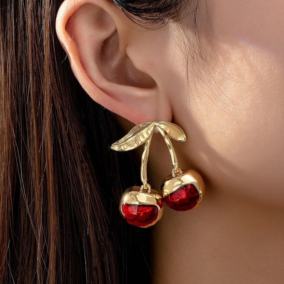 Sweet Cherry Pendant Earrings Stud Golden Fruit