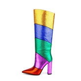 Tribal Card Metal Rainbow Color-blocking Pointed Chunky Heel Middle Boots