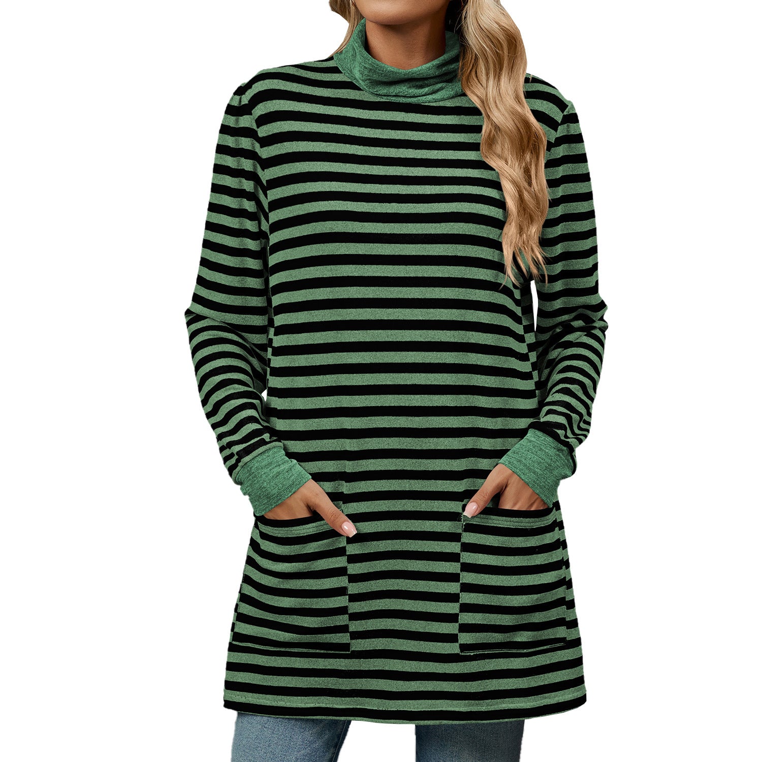 Fashion Striped Print Long Sweatshirt With Pocket Loose Long Sleeve Pullover T-shirt Top For Womens Clothing