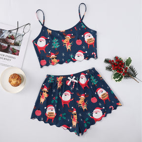 Christmas European And American Thin Pajamas Women's Sleeveless Shorts Milk Silk Simple Casual Two-piece Suit Homewear