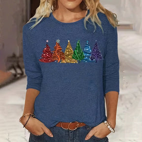 Women's Long-sleeved T-shirt Christmas Tree Printed Round Neck Loose Casual