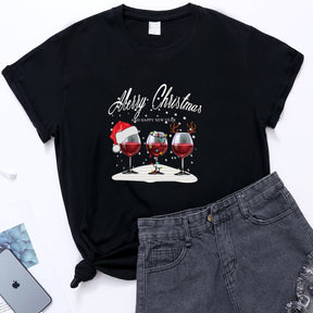 Christmas Three Wine Glasses Print Short Sleeve