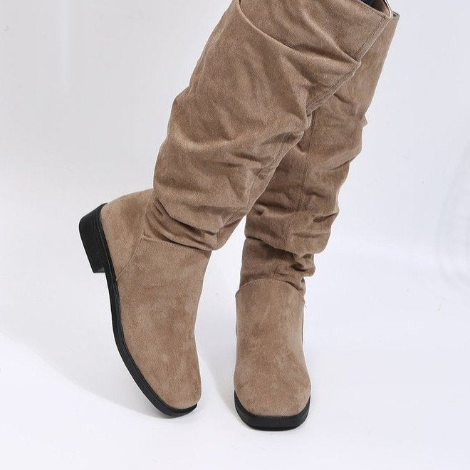 High Tube Round Toe Large Size Solid Color Chunky Heel Fashion Boots