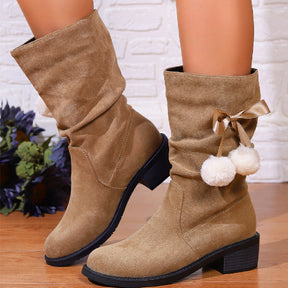 Mid-calf Boots British Style Suede Round Toe Chunky Heel