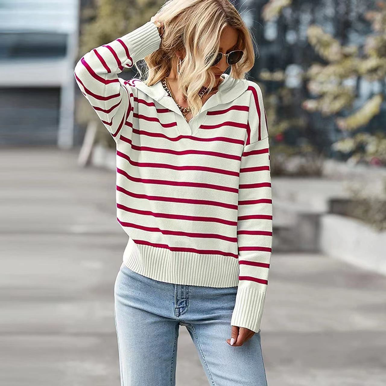 Casual V-neck Lapel Striped Sweater Fashion Long Sleeve Tops For Womens Clothing