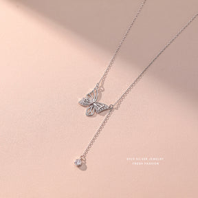 S925 Silver Hollow Butterfly Necklace With Rhinestones Luxury Diamond Tassel Pendant Clavicle Chain Women's Jewelry