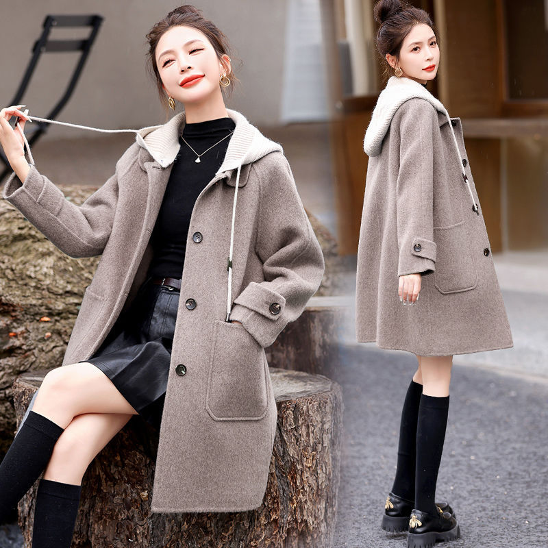 Women's Knitted Hooded Temperament Woolen Coat