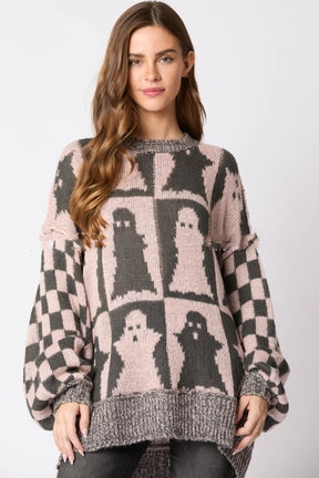 Women's Pullovers Halloween Ghost Plaid Crew Neck Sweater