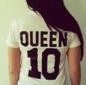 KING 10 QUEEN 10 Printed Back T-shirt Text Couple Wear Short Sleeve Men And Women Same Style