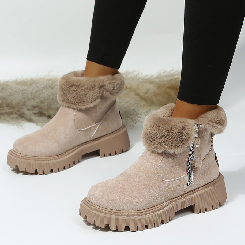 Women's Snow Boots Winter Warm Foldable Plush Tube Short Boot Solid Color Round-toe Platform Shoes