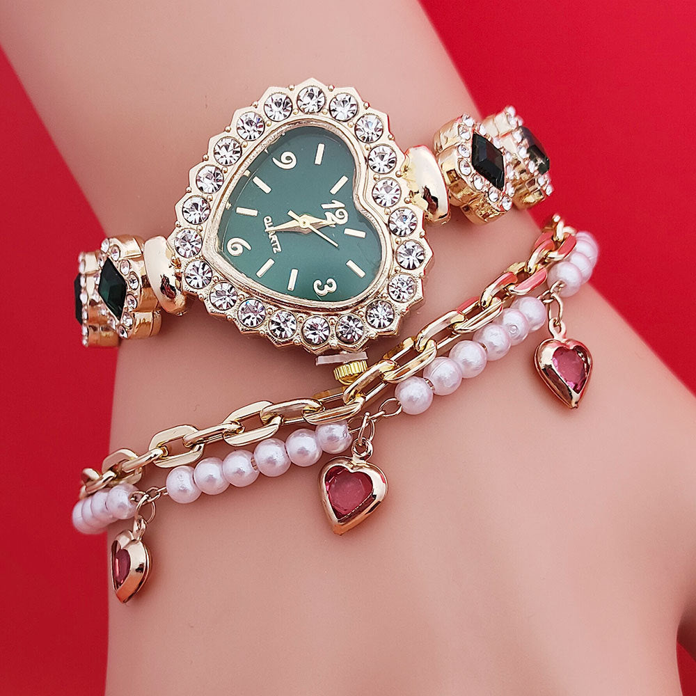 Fashion Diamond-embedded Love Heart-shaped Bracelet Watch Suit