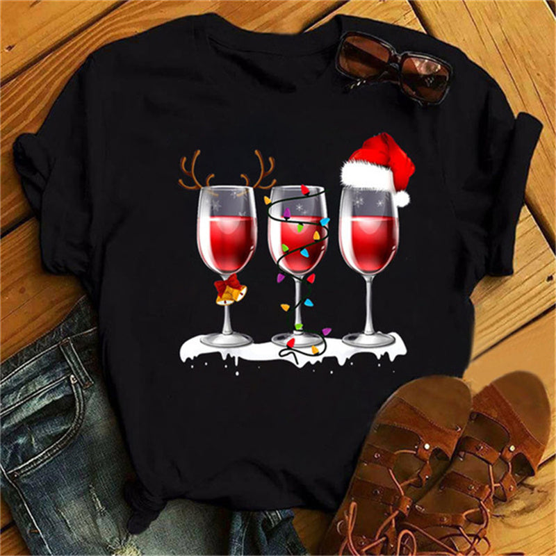 Christmas Wine Glasses Men And Women Couple Red T-shirt