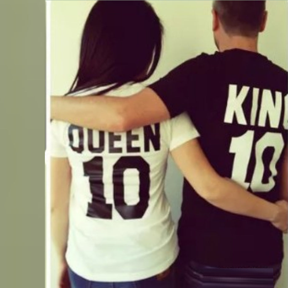 KING 10 QUEEN 10 Printed Back T-shirt Text Couple Wear Short Sleeve Men And Women Same Style