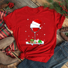 Christmas Wine Glasses Men And Women Couple Red T-shirt