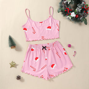 Christmas European And American Thin Pajamas Women's Sleeveless Shorts Milk Silk Simple Casual Two-piece Suit Homewear