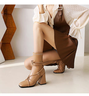 European And American Lace Up Thick High Heel Square Head Women's Ankle Boots G682