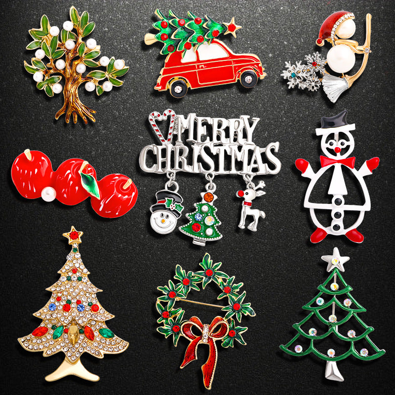 Christmas Brooch Deer Snowman Christmas Tree Corsage Alloy Diamond Drop Oil