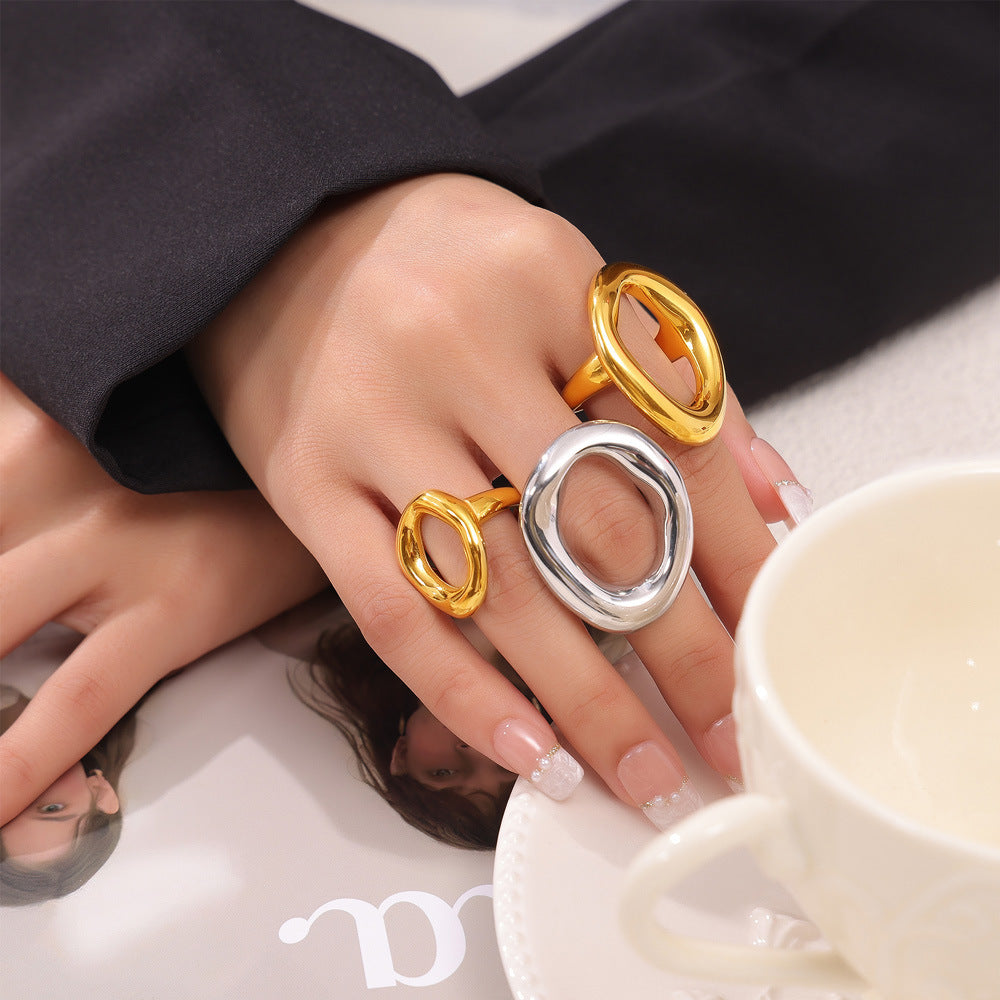 INS Style Korean Style Casual Minimalist Design Sense Ornament Geometric Hollow Irregular Ring Titanium Steel Gold Plated Ring