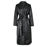 Waist-tight Show Thin Black PU Leather Temperament Coat Commute Leisure Long High-grade Windbreaker