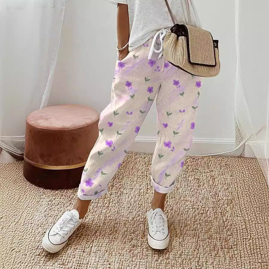 Spring New Women's Casual Printed Elastic Waist With Pockets Cropped Straight Pants