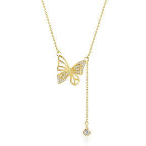 S925 Silver Hollow Butterfly Necklace With Rhinestones Luxury Diamond Tassel Pendant Clavicle Chain Women's Jewelry