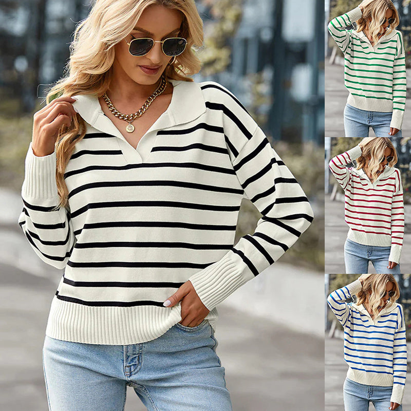 Casual V-neck Lapel Striped Sweater Fashion Long Sleeve Tops For Womens Clothing