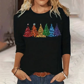 Women's Long-sleeved T-shirt Christmas Tree Printed Round Neck Loose Casual