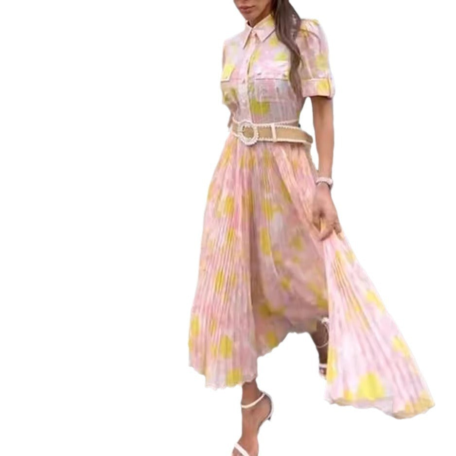 Women's Elegant Lapel Print Pleated Dress