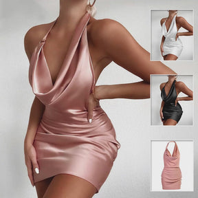 Satin Party Dress Sexy V Neck Backless Mini Sleeve